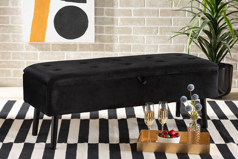 Swindon Modern and Contemporary Black Velvet Fabric Upholstered and Dark Brown Finished Wood Storage Bench