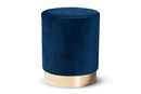 Raya Navy Blue Velvet Fabric Upholstered and Gold Finished Metal Ottoman Baxton
