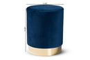 Raya Navy Blue Velvet Fabric Upholstered and Gold Finished Metal Ottoman Baxton
