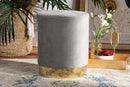 Raya Gray Velvet Fabric Upholstered and Gold Finished Metal Ottoman Baxton