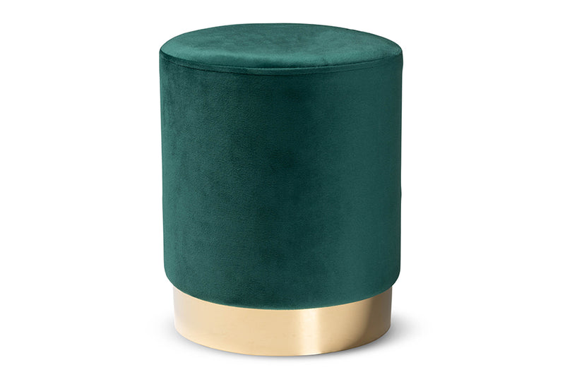 Raya Contemporary Glam and Luxe Green Velvet Fabric Upholstered and Gold Finished Metal Ottoman