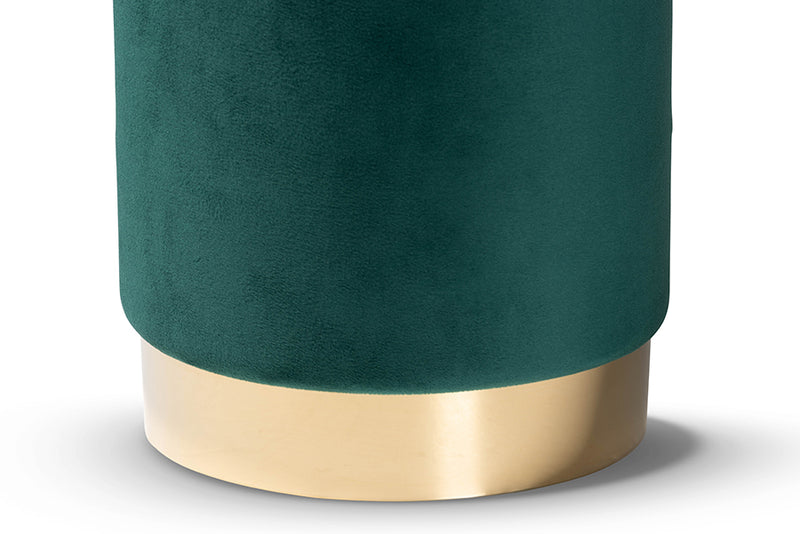 Raya Contemporary Glam and Luxe Green Velvet Fabric Upholstered and Gold Finished Metal Ottoman