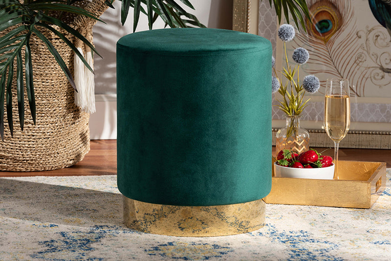 Raya Contemporary Glam and Luxe Green Velvet Fabric Upholstered and Gold Finished Metal Ottoman