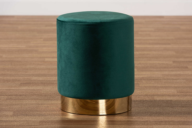 Raya Contemporary Glam and Luxe Green Velvet Fabric Upholstered and Gold Finished Metal Ottoman