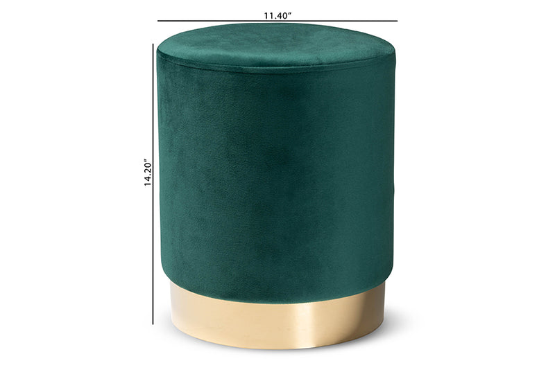 Raya Contemporary Glam and Luxe Green Velvet Fabric Upholstered and Gold Finished Metal Ottoman