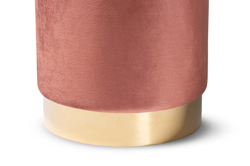 Raya Blush Pink Velvet Fabric Upholstered and Gold Finished Metal Ottoman Baxton