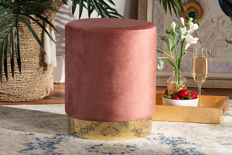 Raya Contemporary Glam and Luxe Blush Pink Velvet Fabric Upholstered and Gold Finished Metal Ottoman