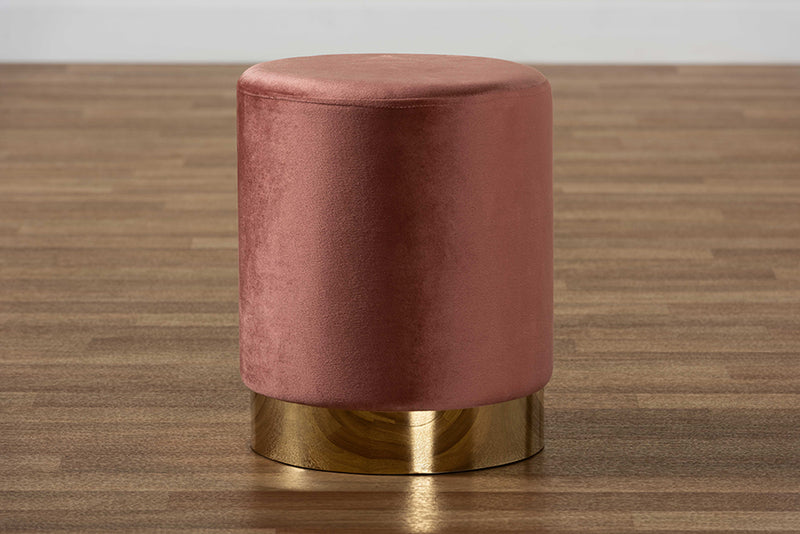 Raya Contemporary Glam and Luxe Blush Pink Velvet Fabric Upholstered and Gold Finished Metal Ottoman