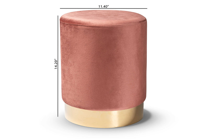 Raya Contemporary Glam and Luxe Blush Pink Velvet Fabric Upholstered and Gold Finished Metal Ottoman