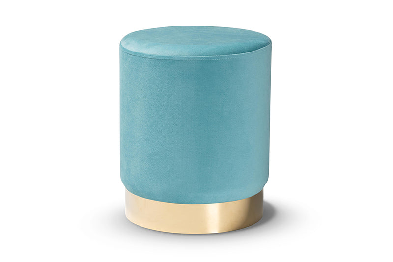 Raya Contemporary Glam and Luxe Sky Blue Velvet Fabric Upholstered and Gold Finished Metal Ottoman