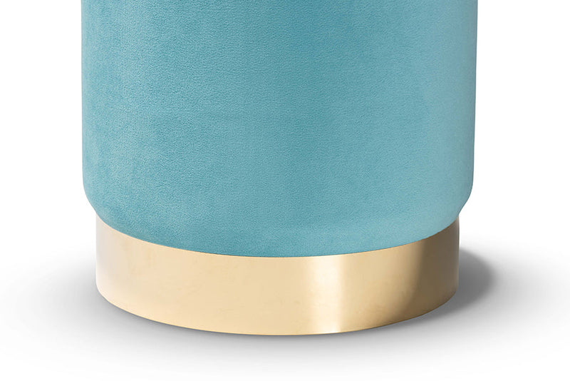 Raya Sky Blue Velvet Fabric Upholstered and Gold Finished Metal Ottoman Baxton