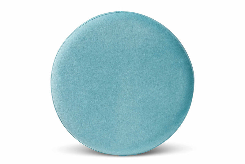 Raya Sky Blue Velvet Fabric Upholstered and Gold Finished Metal Ottoman Baxton
