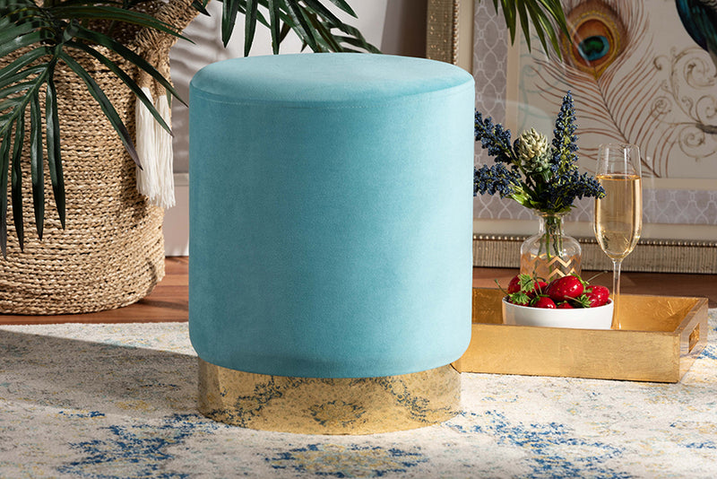 Raya Contemporary Glam and Luxe Sky Blue Velvet Fabric Upholstered and Gold Finished Metal Ottoman