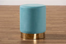 Raya Sky Blue Velvet Fabric Upholstered and Gold Finished Metal Ottoman Baxton