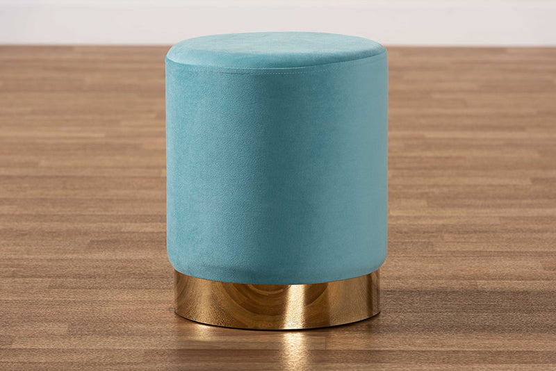 Raya Sky Blue Velvet Fabric Upholstered and Gold Finished Metal Ottoman Baxton