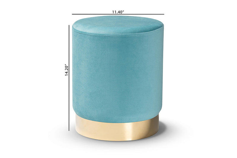 Raya Sky Blue Velvet Fabric Upholstered and Gold Finished Metal Ottoman Baxton