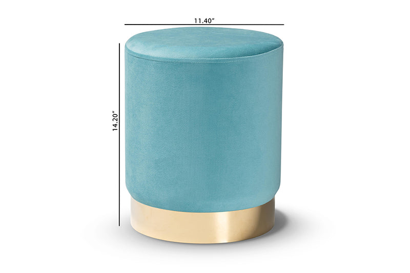 Raya Contemporary Glam and Luxe Sky Blue Velvet Fabric Upholstered and Gold Finished Metal Ottoman