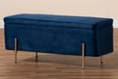 Abigail Navy Blue Velvet Fabric Gold Finished Metal Storage Bench Baxton
