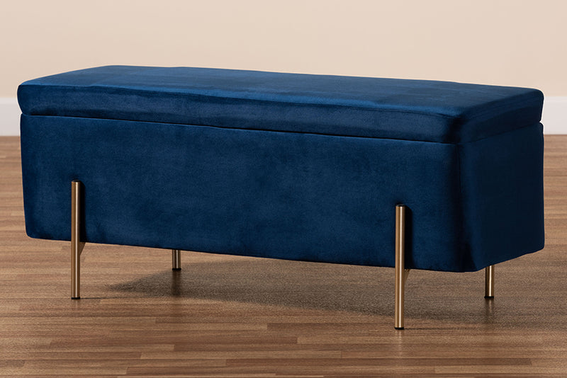 Abigail Contemporary Glam and Luxe Navy Blue Velvet Fabric Upholstered and Gold Finished Metal Storage Bench