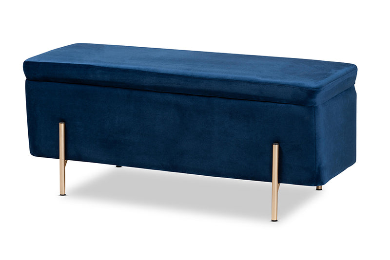 Abigail Contemporary Glam and Luxe Navy Blue Velvet Fabric Upholstered and Gold Finished Metal Storage Bench