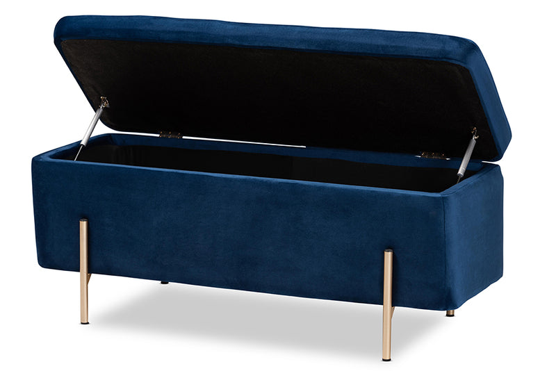 Abigail Contemporary Glam and Luxe Navy Blue Velvet Fabric Upholstered and Gold Finished Metal Storage Bench