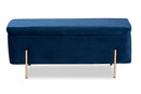Abigail Navy Blue Velvet Fabric Gold Finished Metal Storage Bench Baxton