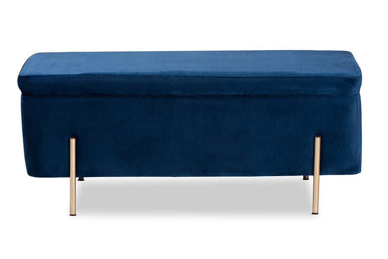 Abigail Contemporary Glam and Luxe Navy Blue Velvet Fabric Upholstered and Gold Finished Metal Storage Bench