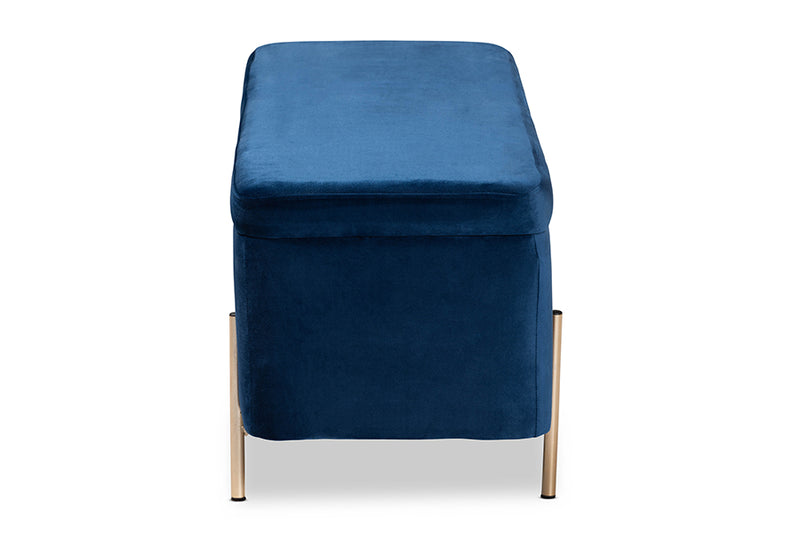 Abigail Contemporary Glam and Luxe Navy Blue Velvet Fabric Upholstered and Gold Finished Metal Storage Bench