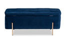 Abigail Navy Blue Velvet Fabric Gold Finished Metal Storage Bench Baxton