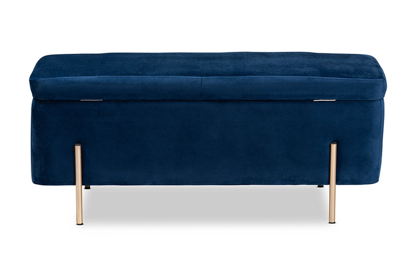 Abigail Contemporary Glam and Luxe Navy Blue Velvet Fabric Upholstered and Gold Finished Metal Storage Bench