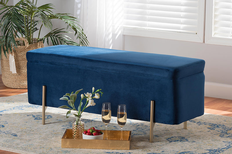 Abigail Contemporary Glam and Luxe Navy Blue Velvet Fabric Upholstered and Gold Finished Metal Storage Bench