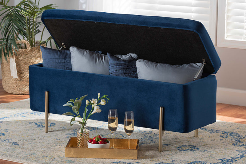 Abigail Contemporary Glam and Luxe Navy Blue Velvet Fabric Upholstered and Gold Finished Metal Storage Bench