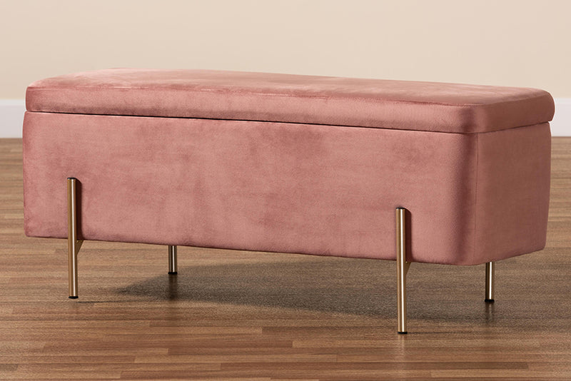 Abigail Contemporary Glam and Luxe Blush Pink Velvet Fabric Upholstered and Gold Finished Metal Storage Bench