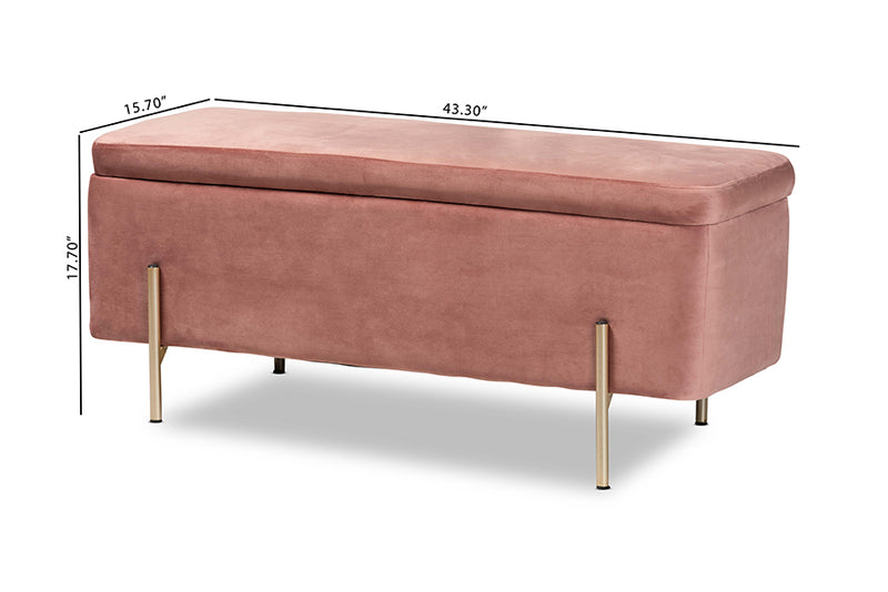 Abigail Contemporary Glam and Luxe Blush Pink Velvet Fabric Upholstered and Gold Finished Metal Storage Bench