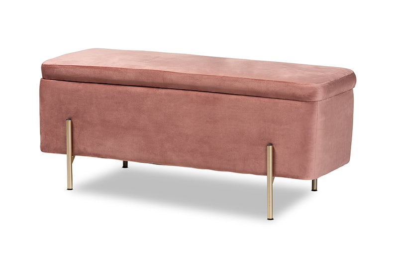 Abigail Contemporary Glam and Luxe Blush Pink Velvet Fabric Upholstered and Gold Finished Metal Storage Bench