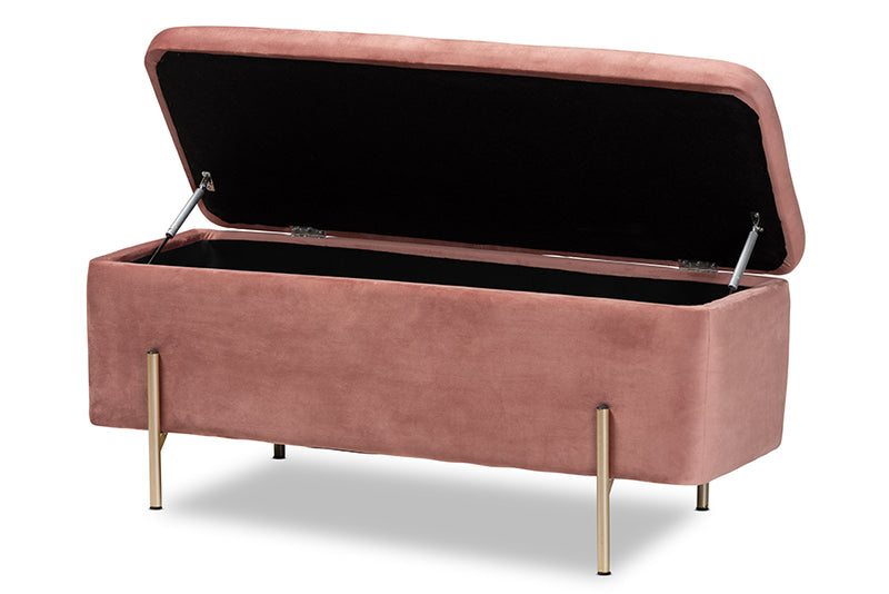 Abigail Contemporary Glam and Luxe Blush Pink Velvet Fabric Upholstered and Gold Finished Metal Storage Bench