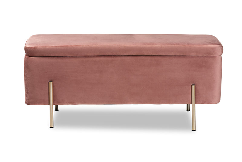 Abigail Contemporary Glam and Luxe Blush Pink Velvet Fabric Upholstered and Gold Finished Metal Storage Bench