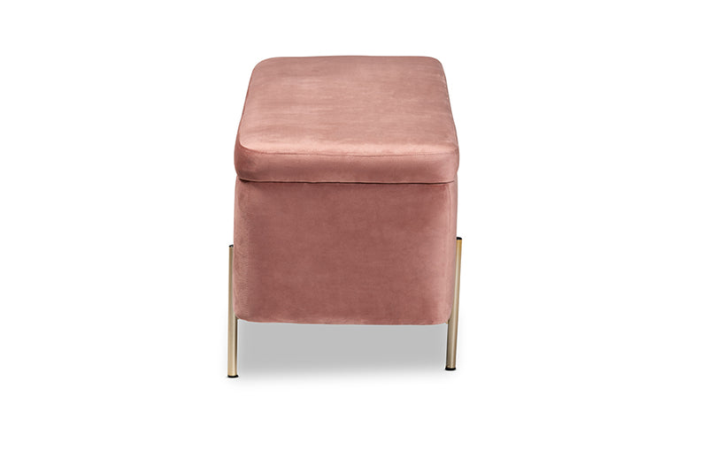 Abigail Contemporary Glam and Luxe Blush Pink Velvet Fabric Upholstered and Gold Finished Metal Storage Bench