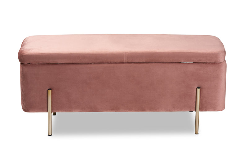 Abigail Contemporary Glam and Luxe Blush Pink Velvet Fabric Upholstered and Gold Finished Metal Storage Bench