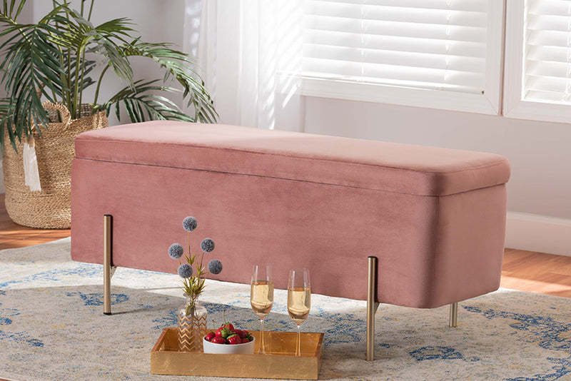 Abigail Contemporary Glam and Luxe Blush Pink Velvet Fabric Upholstered and Gold Finished Metal Storage Bench