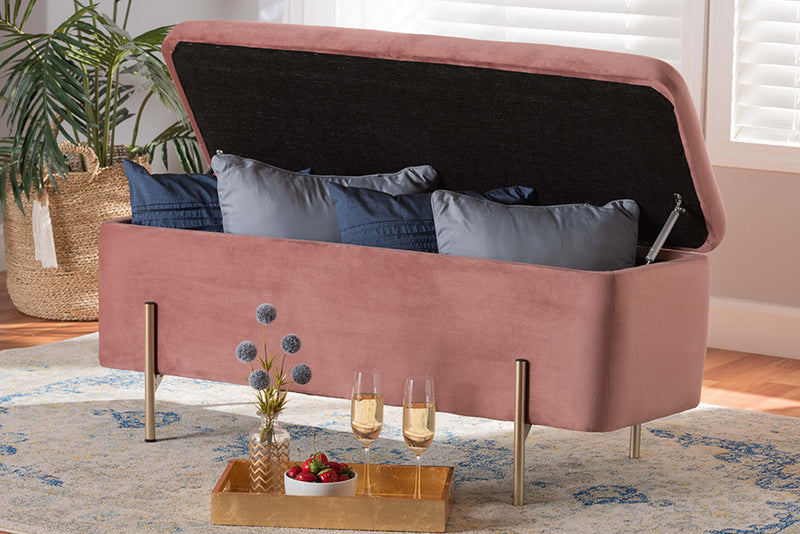 Abigail Contemporary Glam and Luxe Blush Pink Velvet Fabric Upholstered and Gold Finished Metal Storage Bench