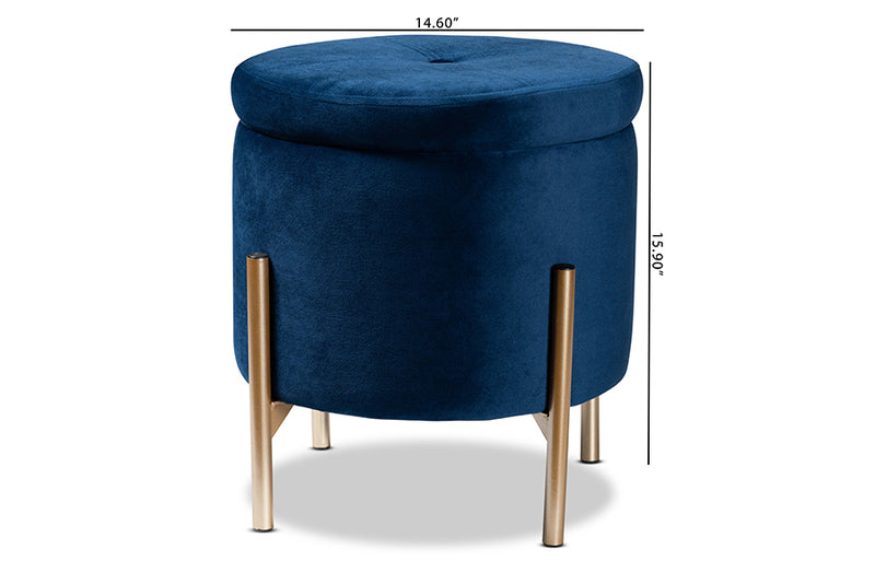 Desma Contemporary Glam and Luxe Navy Blue Velvet Fabric Upholstered and Gold Finished Metal Storage Ottoman