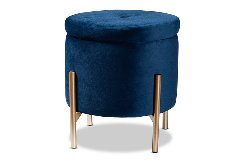 Desma Contemporary Glam and Luxe Navy Blue Velvet Fabric Upholstered and Gold Finished Metal Storage Ottoman