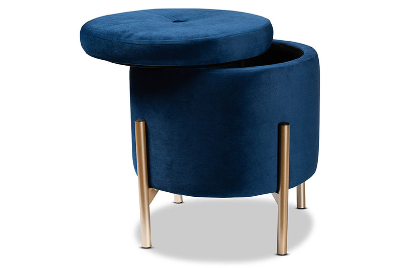 Desma Contemporary Glam and Luxe Navy Blue Velvet Fabric Upholstered and Gold Finished Metal Storage Ottoman