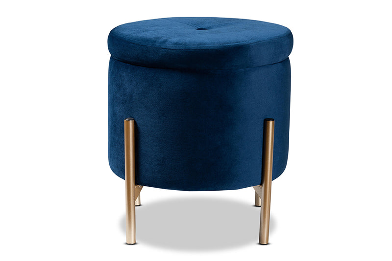 Desma Contemporary Glam and Luxe Navy Blue Velvet Fabric Upholstered and Gold Finished Metal Storage Ottoman