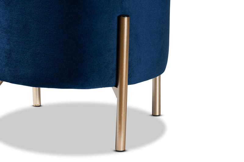 Desma Contemporary Glam and Luxe Navy Blue Velvet Fabric Upholstered and Gold Finished Metal Storage Ottoman