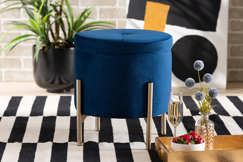 Desma Contemporary Glam and Luxe Navy Blue Velvet Fabric Upholstered and Gold Finished Metal Storage Ottoman