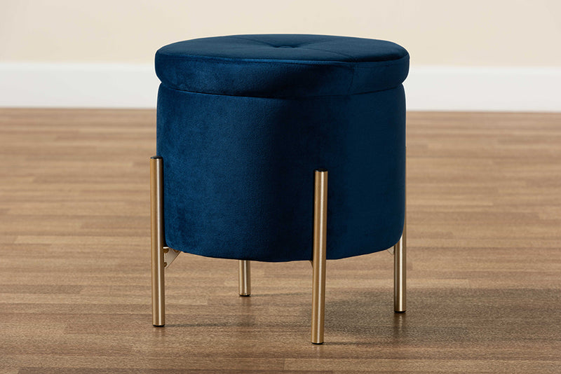 Desma Contemporary Glam and Luxe Navy Blue Velvet Fabric Upholstered and Gold Finished Metal Storage Ottoman