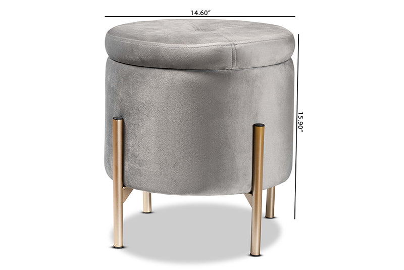 Desma Contemporary Glam and Luxe Gray Velvet Fabric Upholstered and Gold Finished Metal Storage Ottoman