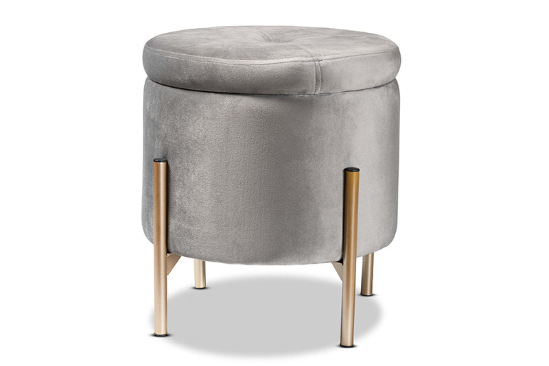 Desma Contemporary Glam and Luxe Gray Velvet Fabric Upholstered and Gold Finished Metal Storage Ottoman